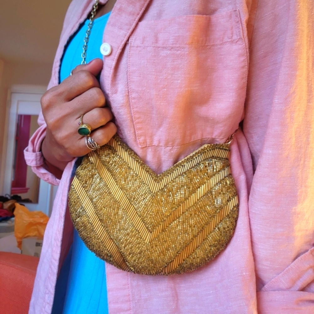 Vintage Walborg Gold Beaded Chevron Clutch | Evening Bag 50s HK Crossbody
